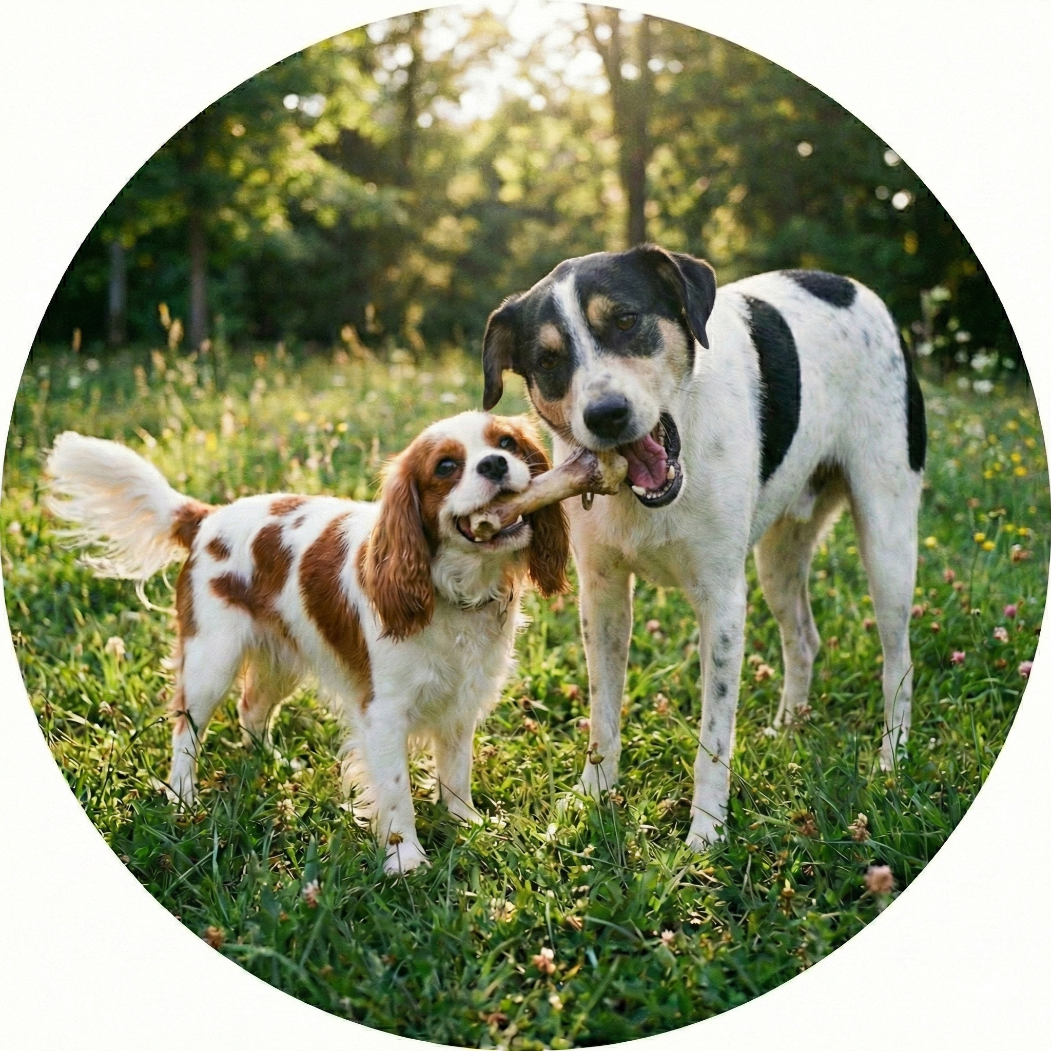 Cavalier King e meticcio che giocano felici con un osso nel prato
